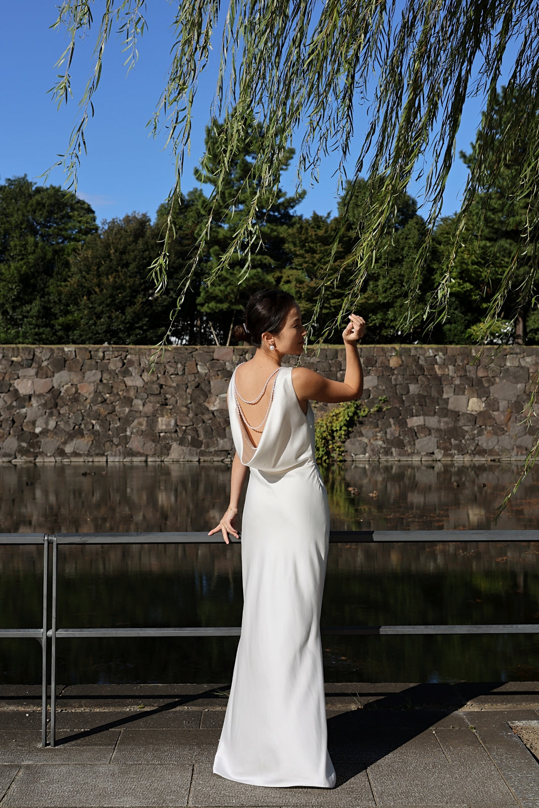 Emma Cowl Neck No Train Satin Wedding Dress with Low Back & Bead Strands | Bone and Grey Bridal | Affordable Minimal Wedding Dresses Online Canada USA Singapore