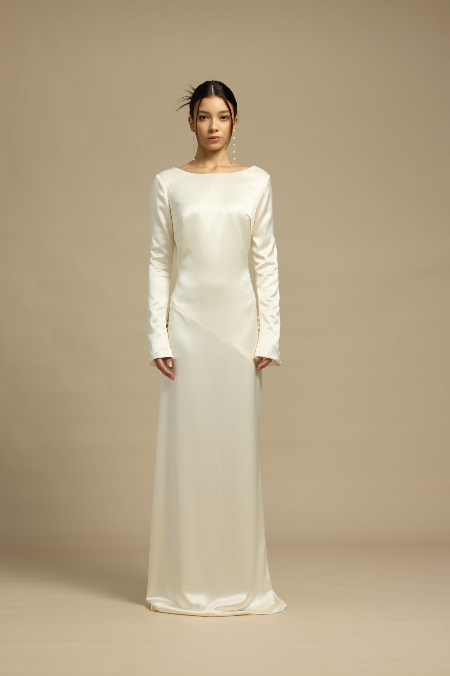 Esme Boat Neck Long Sleeves Column Slip Dress with Low Back | Bone and Grey Bridal | Affordable Minimal Simple Bridal Gowns Online Canada USA Singapore