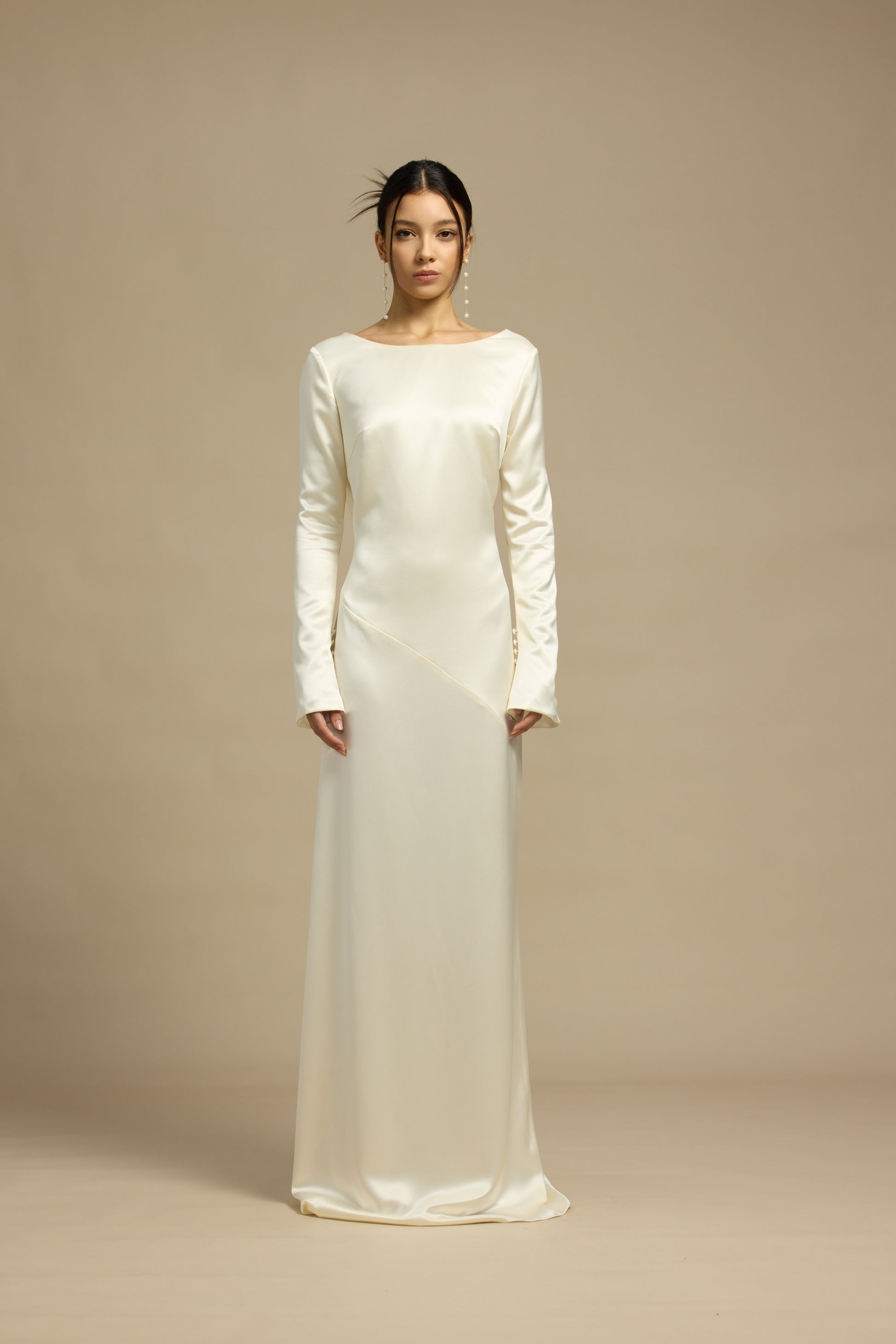 Esme Boat Neck Long Sleeves Column Slip Dress with Low Back | Bone and Grey Bridal | Affordable Minimal Simple Bridal Gowns Online Canada USA Singapore