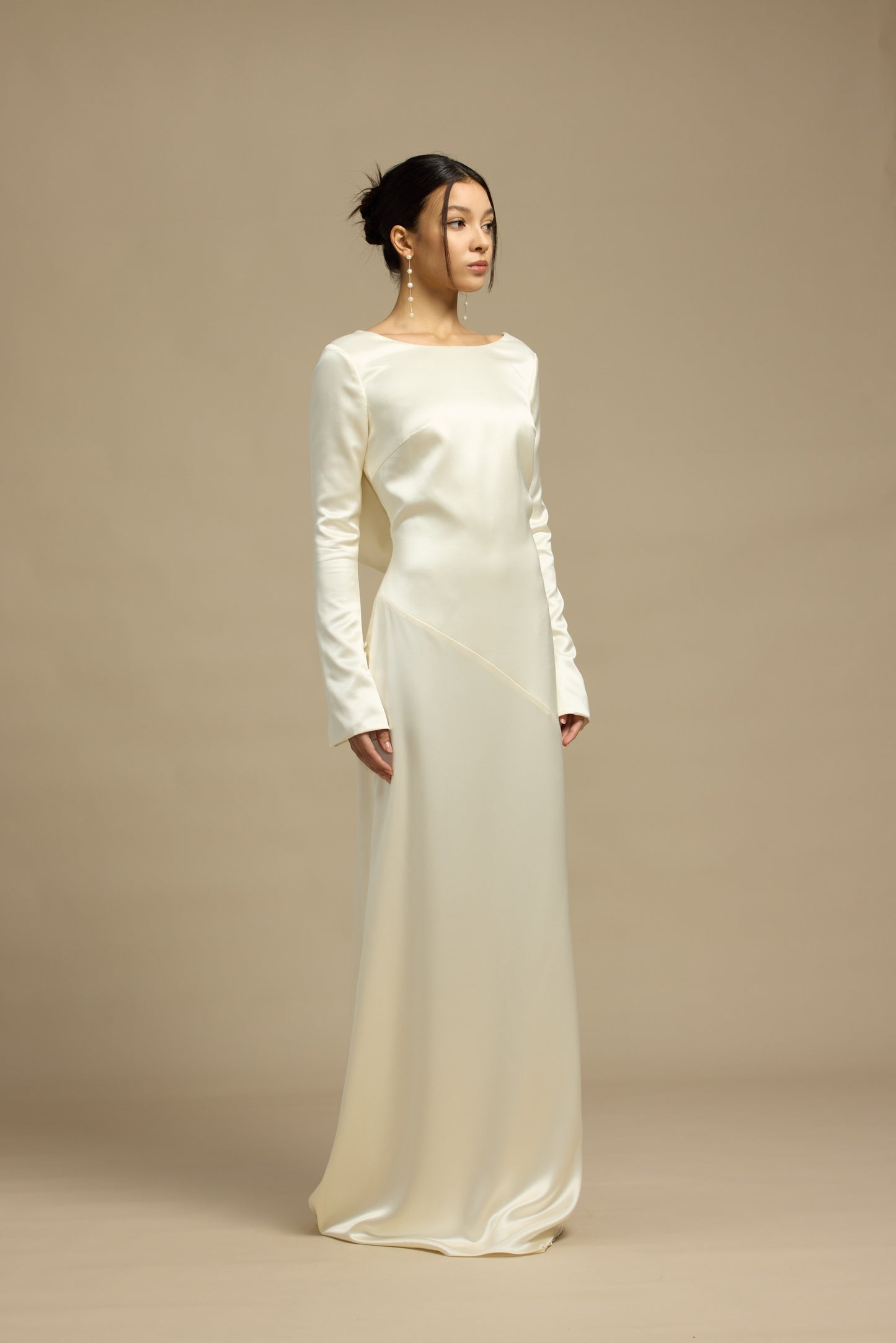 Esme Boat Neck Long Sleeves Column Slip Dress with Low Back | Bone and Grey Bridal | Affordable Minimal Simple Bridal Gowns Online Canada USA Singapore