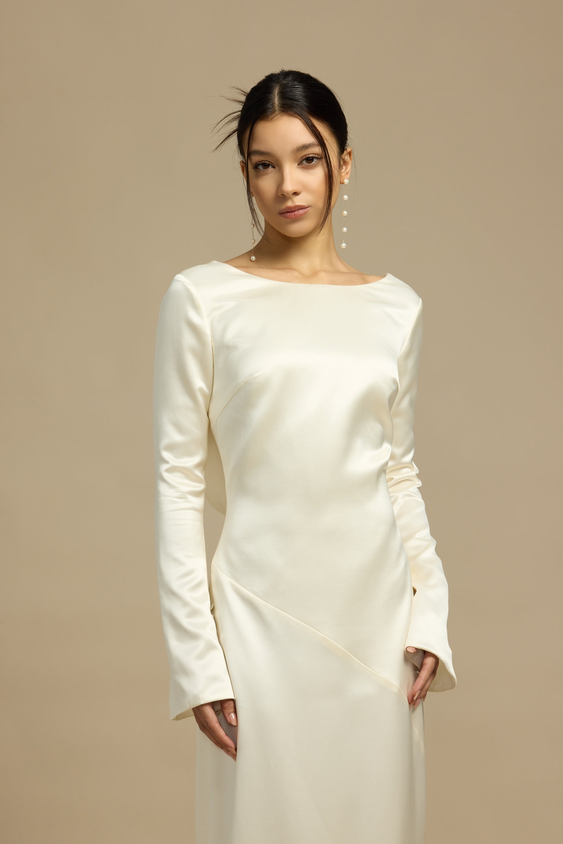 Esme Boat Neck Long Sleeves Column Slip Dress with Low Back | Bone and Grey Bridal | Affordable Minimal Simple Bridal Gowns Online Canada USA Singapore