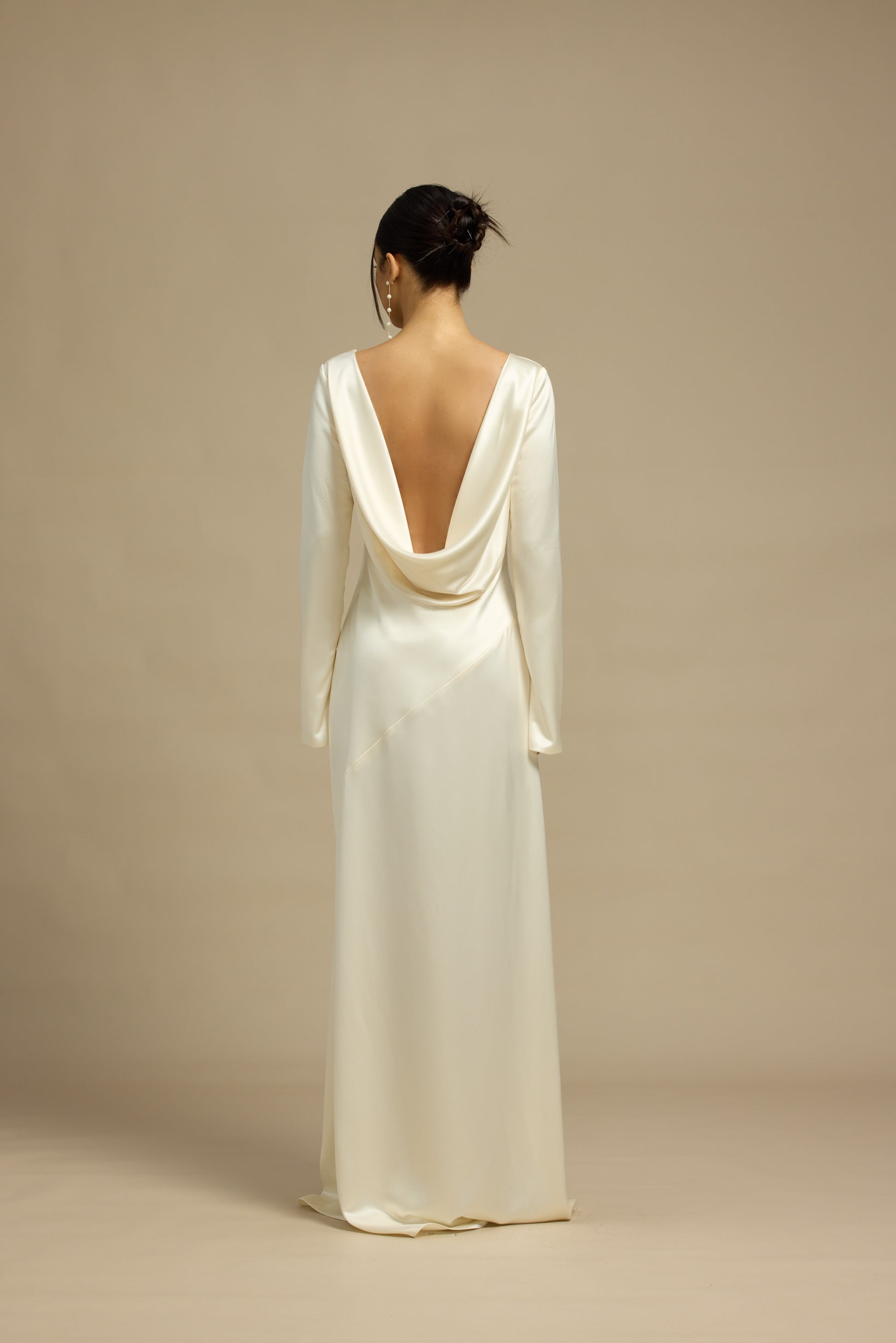 Esme Boat Neck Long Sleeves Column Slip Dress with Low Back | Bone and Grey Bridal | Affordable Minimal Simple Bridal Gowns Online Canada USA Singapore