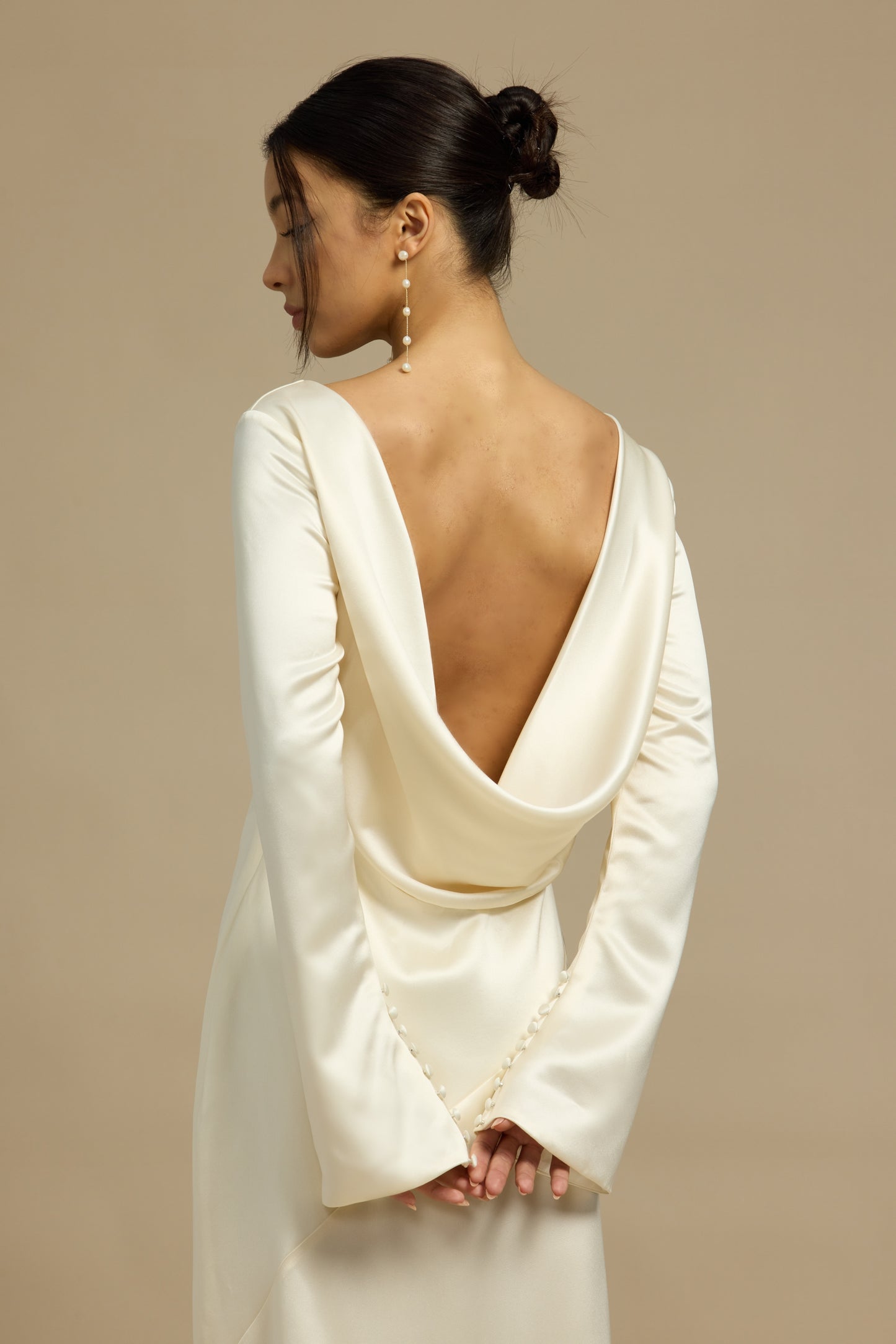 Esme Boat Neck Long Sleeves Column Slip Dress with Low Back | Bone and Grey Bridal | Affordable Minimal Simple Bridal Gowns Online Canada USA Singapore