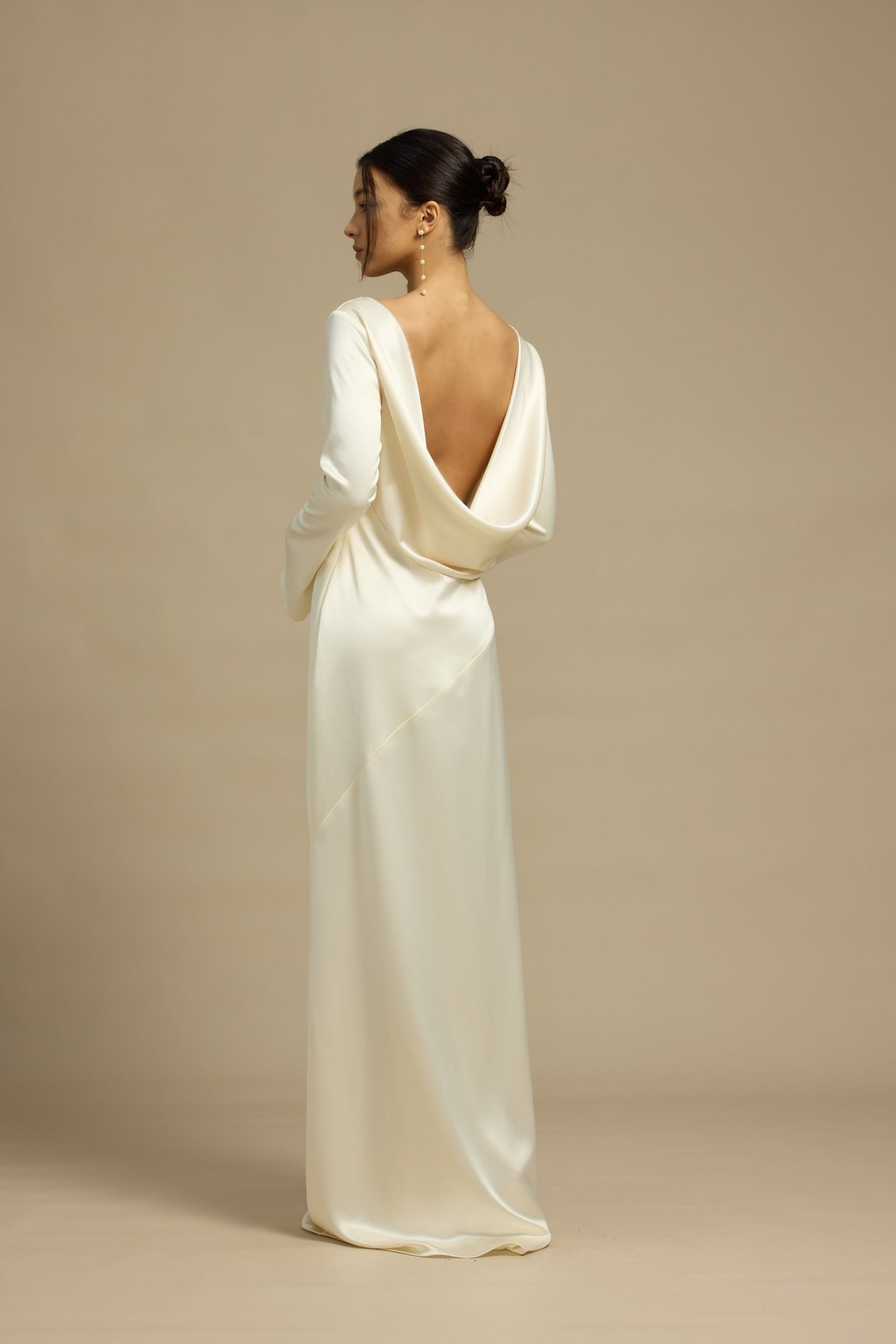 Esme Boat Neck Long Sleeves Column Slip Dress with Low Back | Bone and Grey Bridal | Affordable Minimal Simple Bridal Gowns Online Canada USA Singapore