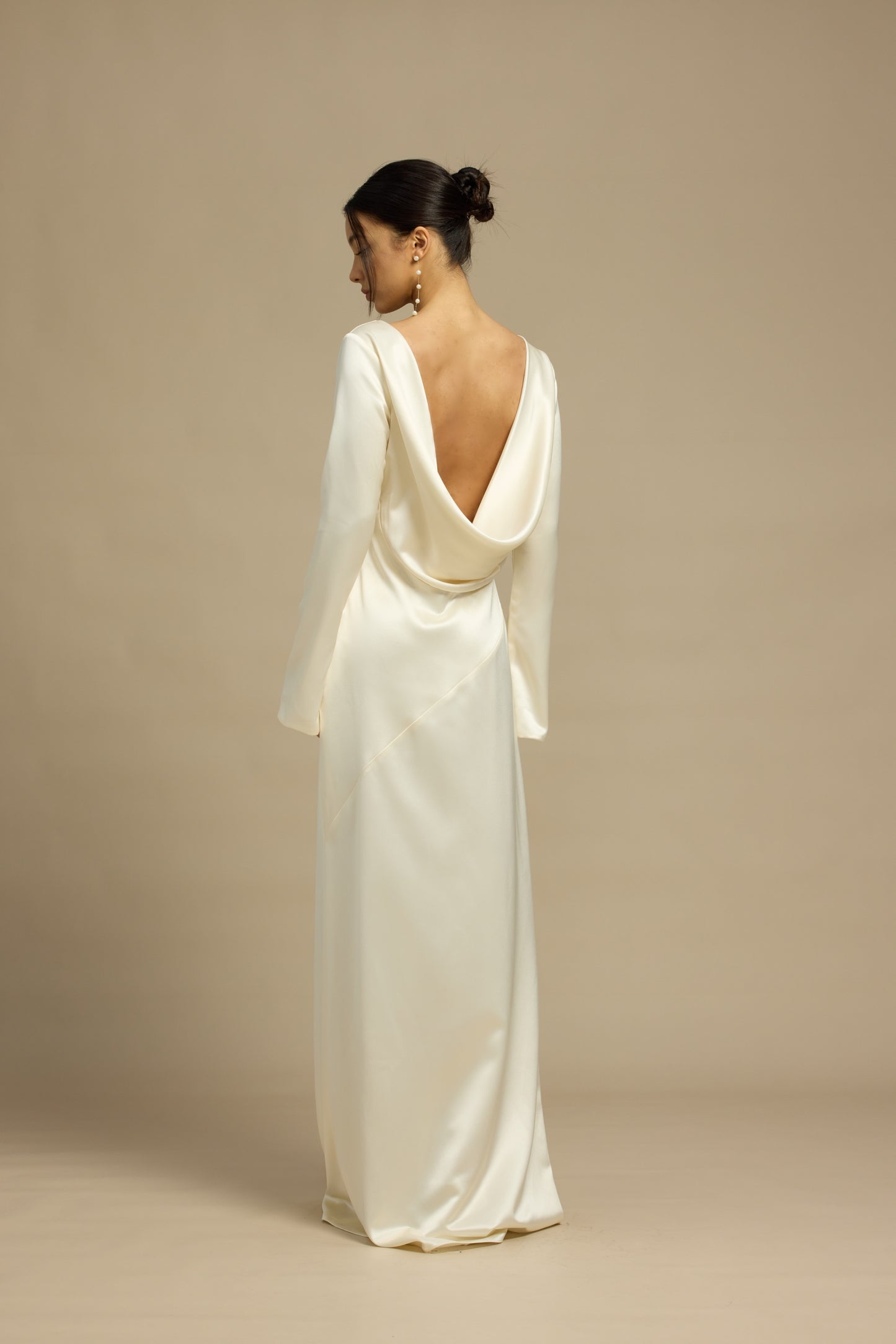 Esme Boat Neck Long Sleeves Column Slip Dress with Low Back | Bone and Grey Bridal | Affordable Minimal Simple Bridal Gowns Online Canada USA Singapore