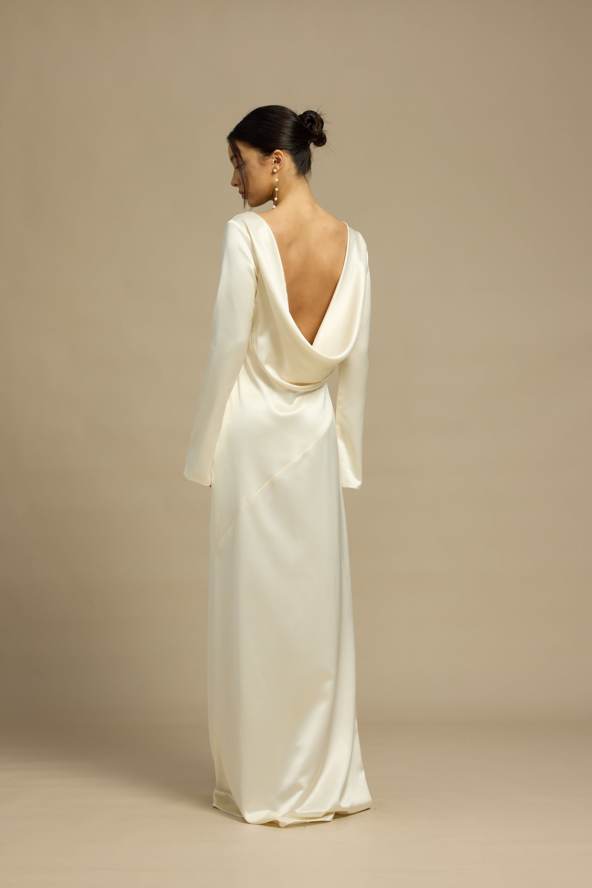 Esme Boat Neck Long Sleeves Column Slip Dress with Low Back | Bone and Grey Bridal | Affordable Minimal Simple Bridal Gowns Online Canada USA Singapore