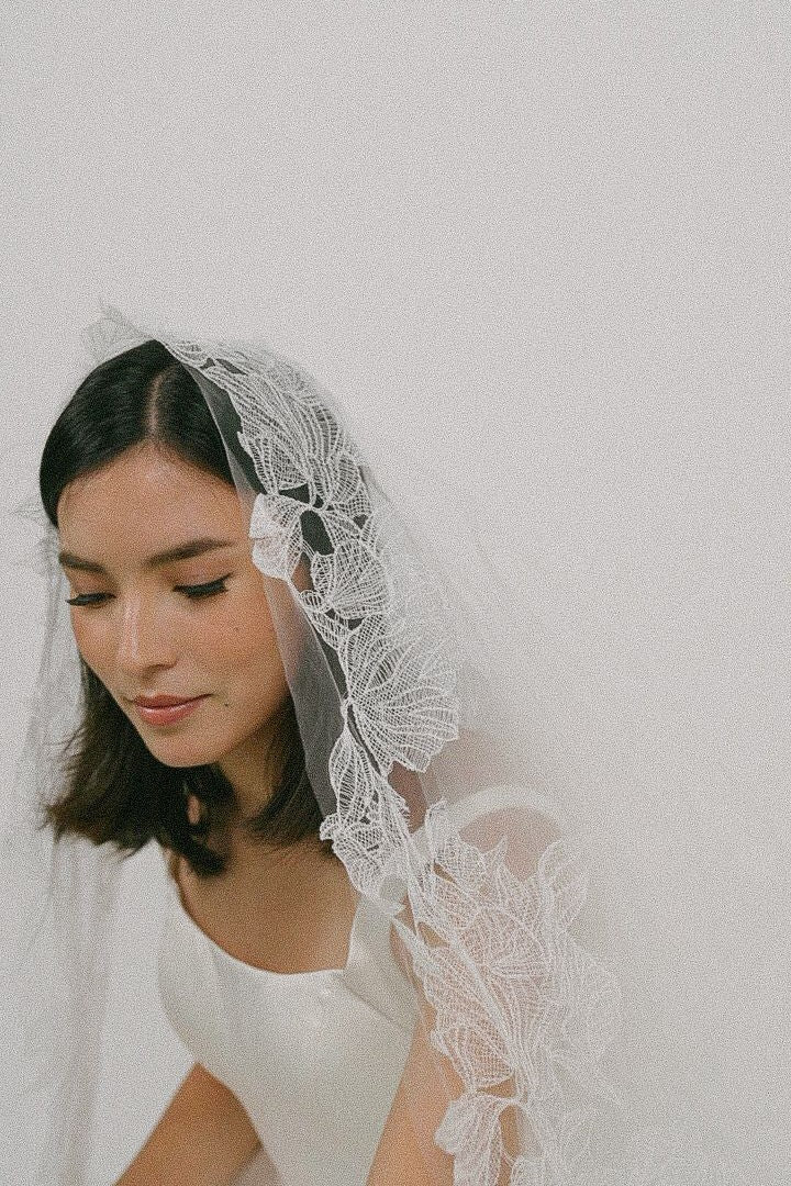 Everdeen Floral Edge Embroidery Tulle Cathedral Veil | Bone and Grey Bridal Accessories