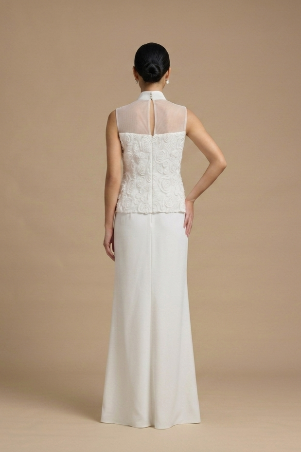 Fiona Mandarin Collar Lace Applique Column Modern Qipao Cheongsam Dress | Bone and Grey Bridal | Affordable Simple Bridal Gowns Online Canada USA Singapore