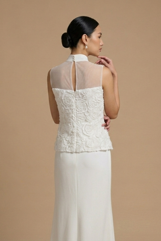 Fiona Mandarin Collar Lace Applique Column Modern Qipao Cheongsam Dress | Bone and Grey Bridal | Affordable Simple Bridal Gowns Online Canada USA Singapore