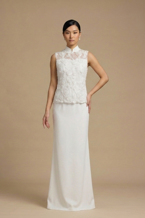 Fiona Mandarin Collar Lace Applique Column Modern Qipao Cheongsam Dress | Bone and Grey Bridal | Affordable Simple Bridal Gowns Online Canada USA Singapore