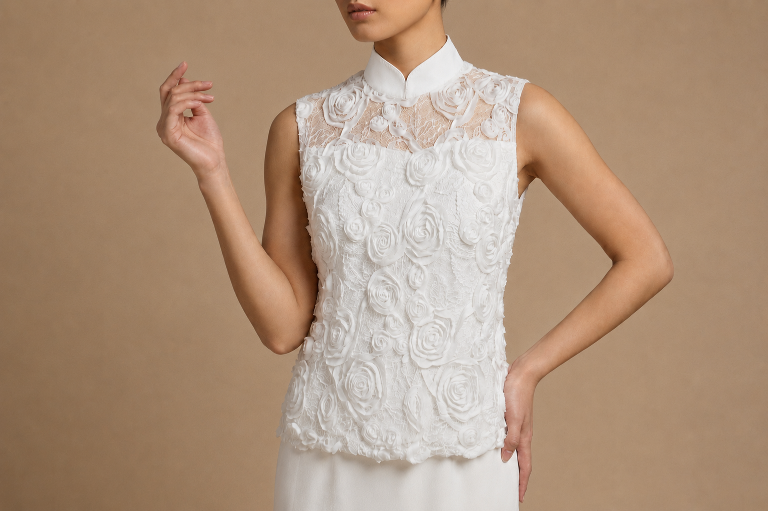 Fiona Mandarin Collar Lace Applique Column Modern Qipao Cheongsam Dress | Bone and Grey Bridal | Affordable Simple Bridal Gowns Online Canada USA Singapore