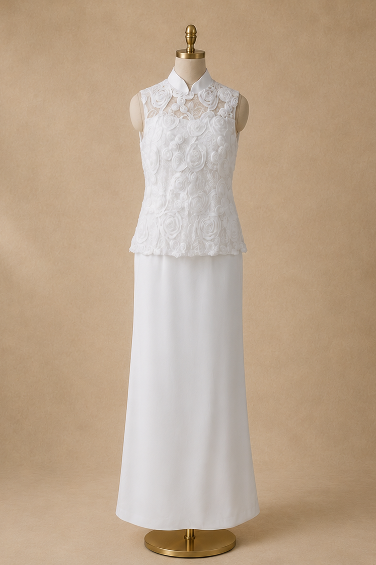 Fiona Mandarin Collar Lace Applique Column Modern Qipao Cheongsam Dress | Bone and Grey Bridal | Affordable Simple Bridal Gowns Online Canada USA Singapore