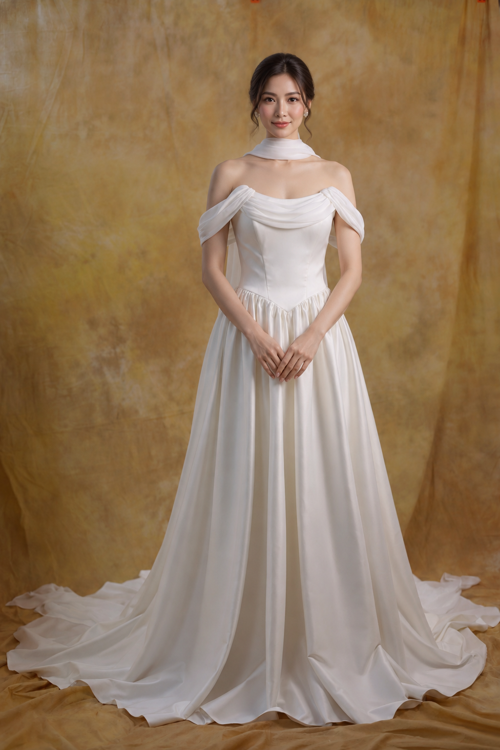 Genesa Basque Waist Duchess Satin & Chiffon A-Line Gown | Bone and Grey Bridal | Affordable Simple Bridal Gowns Online Canada USA Singapore