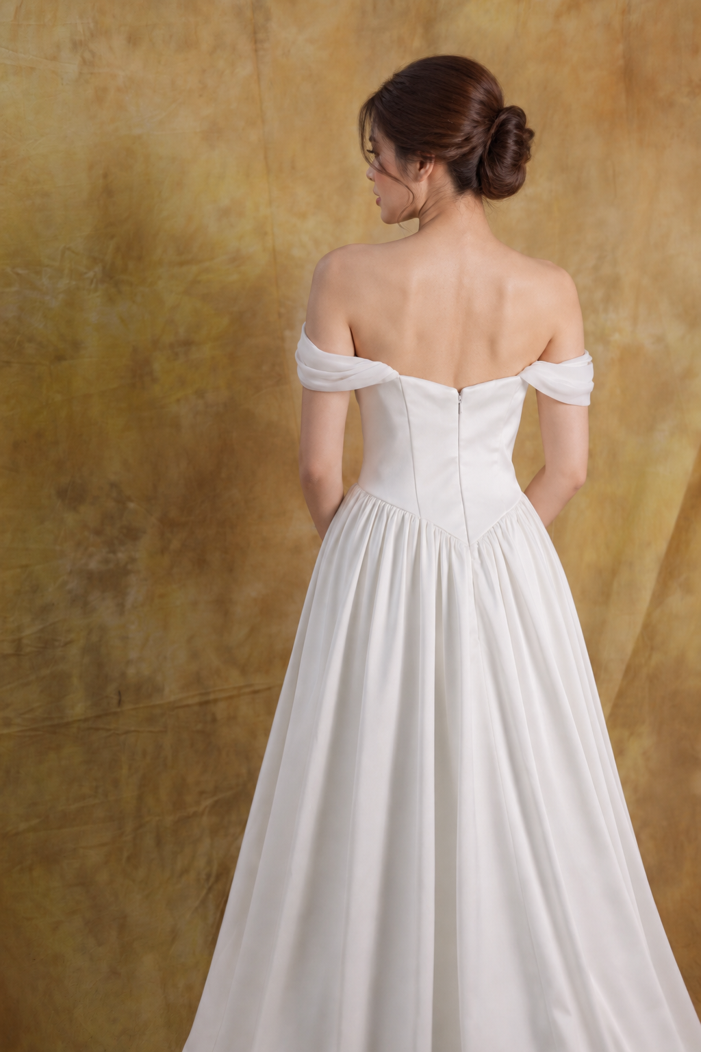 Genesa Basque Waist Duchess Satin & Chiffon A-Line Gown | Bone and Grey Bridal | Affordable Simple Bridal Gowns Online Canada USA Singapore
