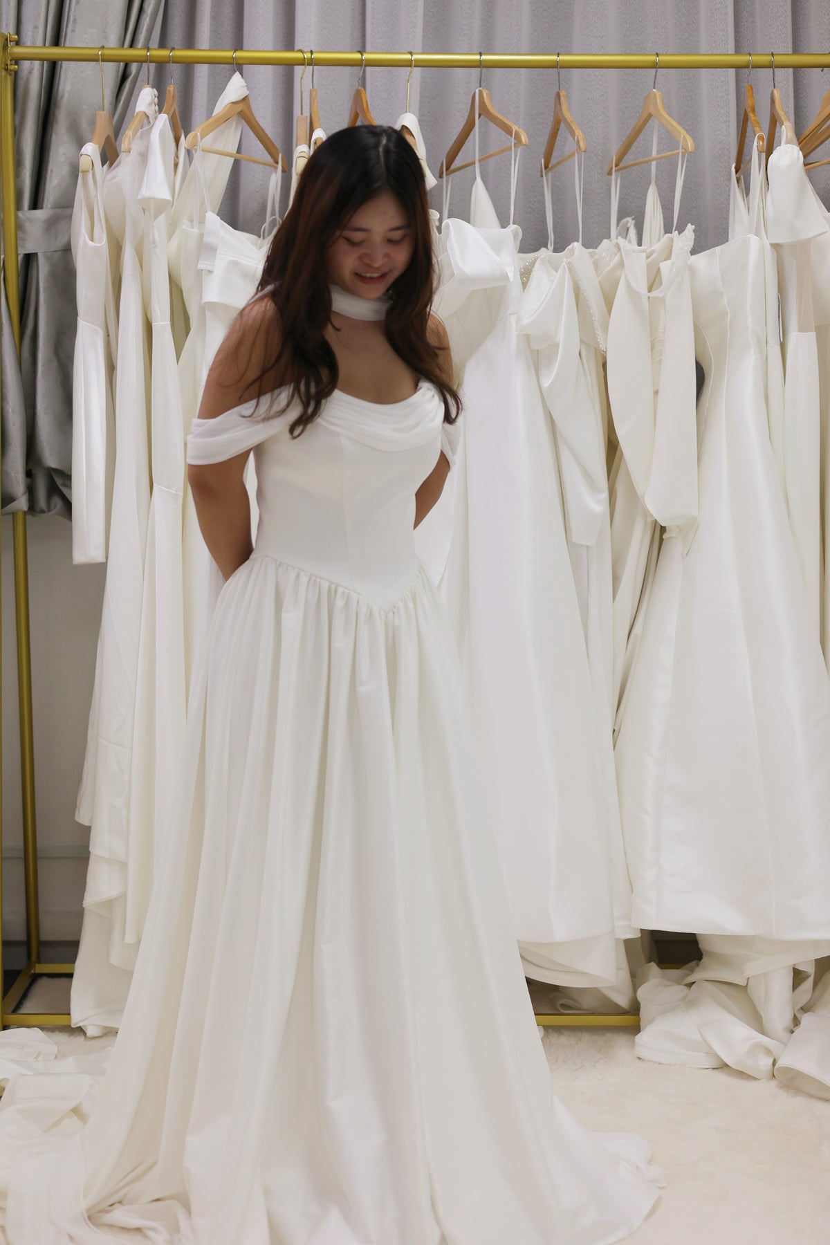 Genesa Basque Waist Duchess Satin & Chiffon A-Line Gown | Bone and Grey Bridal | Affordable Simple Bridal Gowns Online Canada USA Singapore