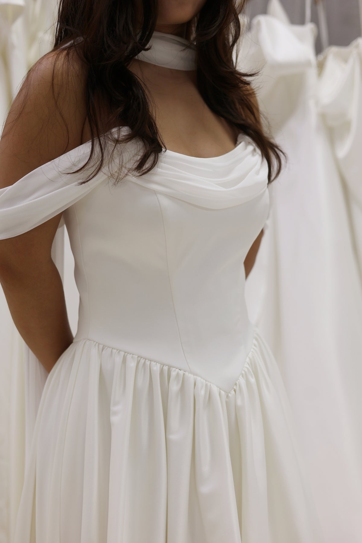 Genesa Basque Waist Duchess Satin & Chiffon A-Line Gown | Bone and Grey Bridal | Affordable Simple Bridal Gowns Online Canada USA Singapore