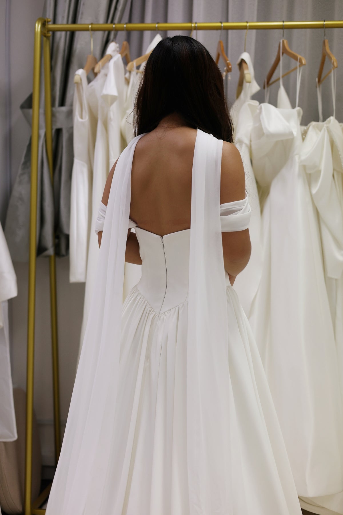 Genesa Basque Waist Duchess Satin & Chiffon A-Line Gown | Bone and Grey Bridal | Affordable Simple Bridal Gowns Online Canada USA Singapore