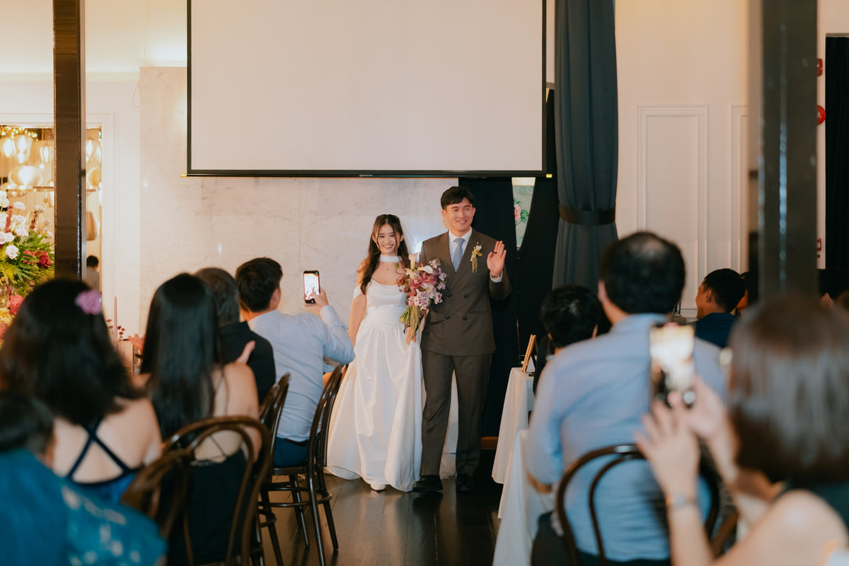 Genesa Basque Waist Duchess Satin & Chiffon A-Line Gown | Bone and Grey Bridal | Affordable Simple Bridal Gowns Online Canada USA Singapore