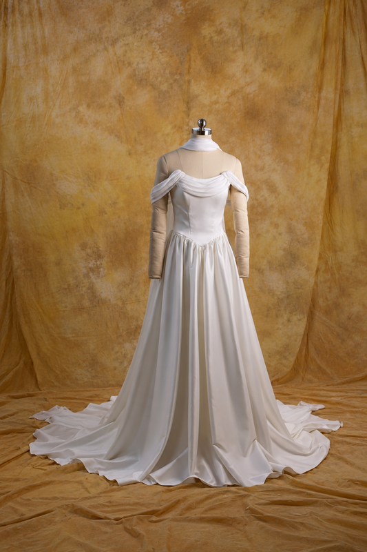 Genesa Basque Waist Duchess Satin & Chiffon A-Line Gown | Bone and Grey Bridal | Affordable Simple Bridal Gowns Online Canada USA Singapore