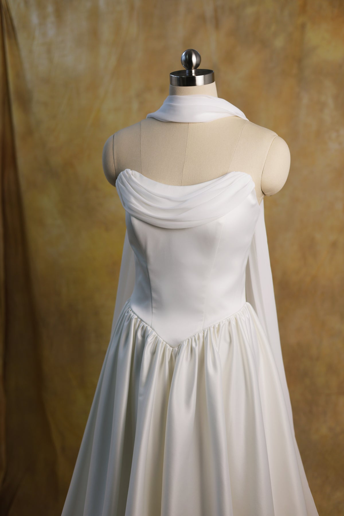 Genesa Basque Waist Duchess Satin & Chiffon A-Line Gown | Bone and Grey Bridal | Affordable Simple Bridal Gowns Online Canada USA Singapore