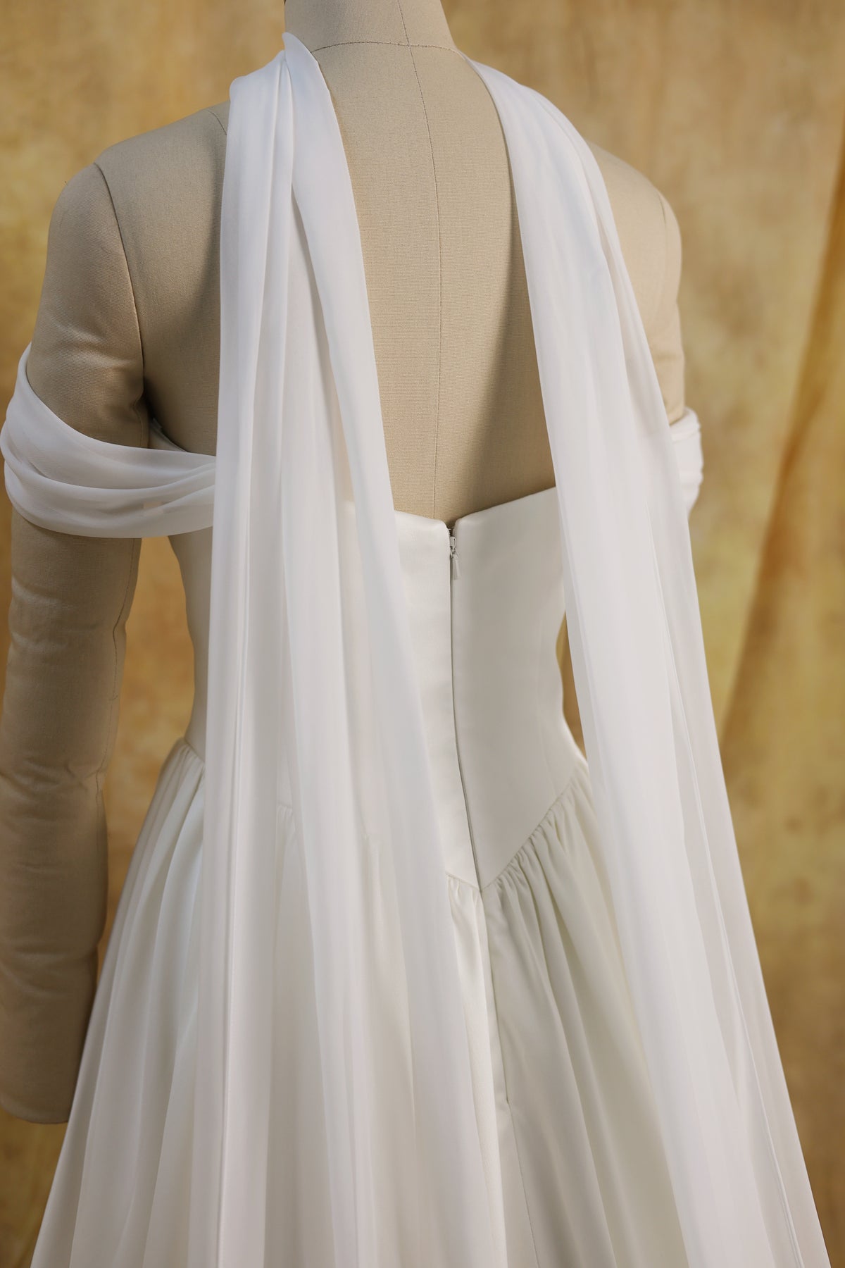 Genesa Basque Waist Duchess Satin & Chiffon A-Line Gown | Bone and Grey Bridal | Affordable Simple Bridal Gowns Online Canada USA Singapore