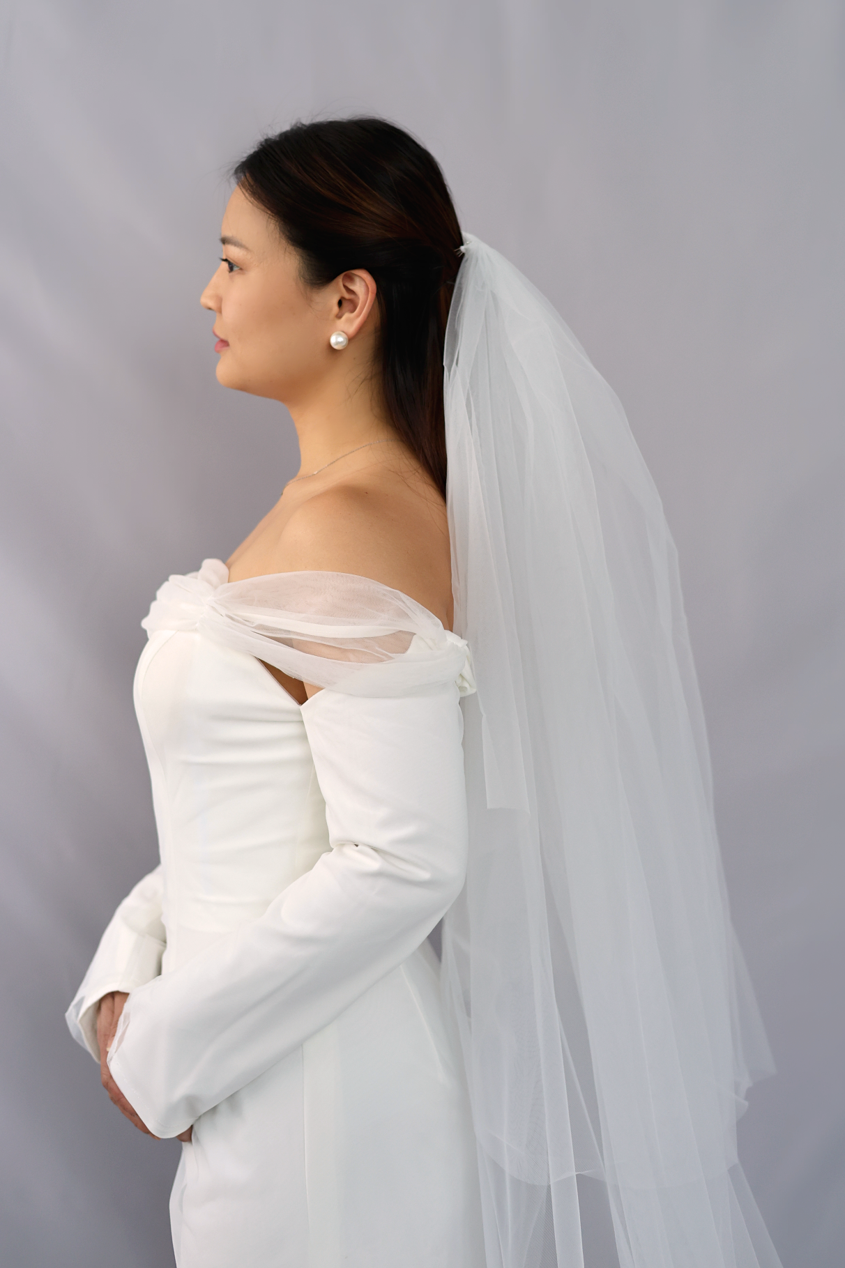 Nancy Crepe Wedding Dress | Long sleeves with tulle wedding dress | Shop wedding dress online | Bone & Grey Bridal
