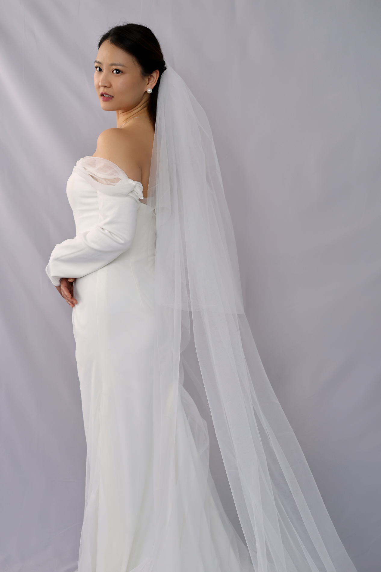 Nancy Crepe Wedding Dress | Long sleeves with tulle wedding dress | Shop wedding dress online | Bone & Grey Bridal
