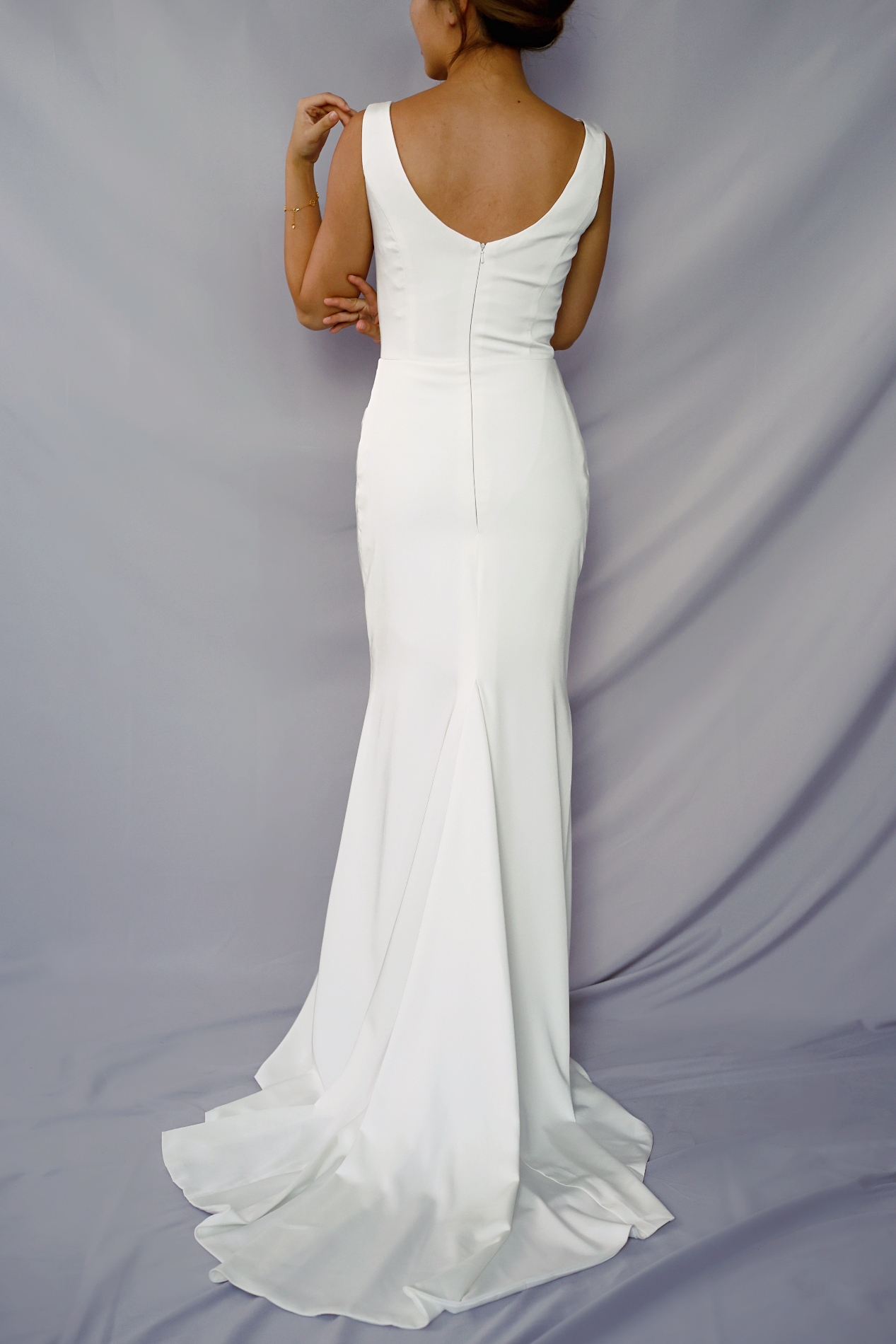 Sylvia Square Neck Fit n Flare Crepe Wedding Dress | Bone and Grey Bridal | Affordable minimal wedding dresses online Canada Singapore USA