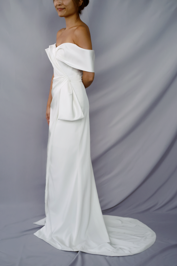 Delphine off-the-shoulder minimal gown with bow | Bone and Grey Bridal