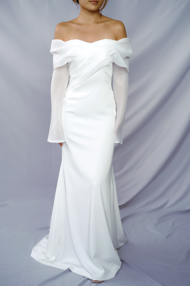 Evelyn Off-Shoulder Minimal Wedding Dress with Organza Long Sleeves | Bone & Grey