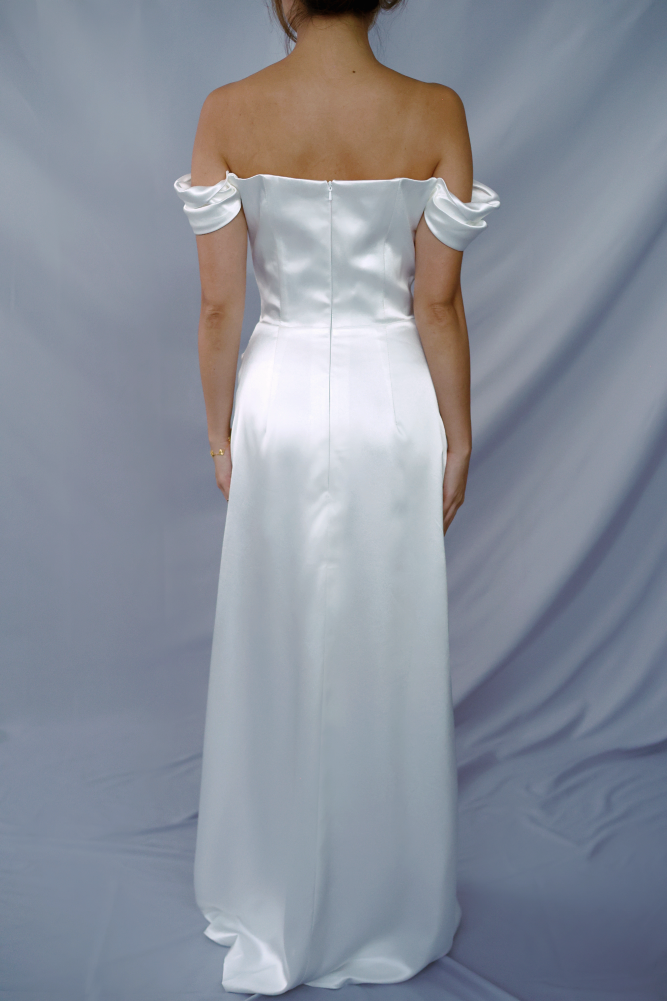 Ida satin off-the-shoulder minimal wedding dress | Bone and Grey Bridal