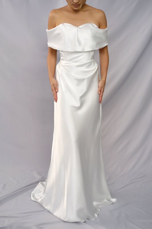 Faye Off-Shoulder Satin Minimal Wedding Dress | Bone & Grey