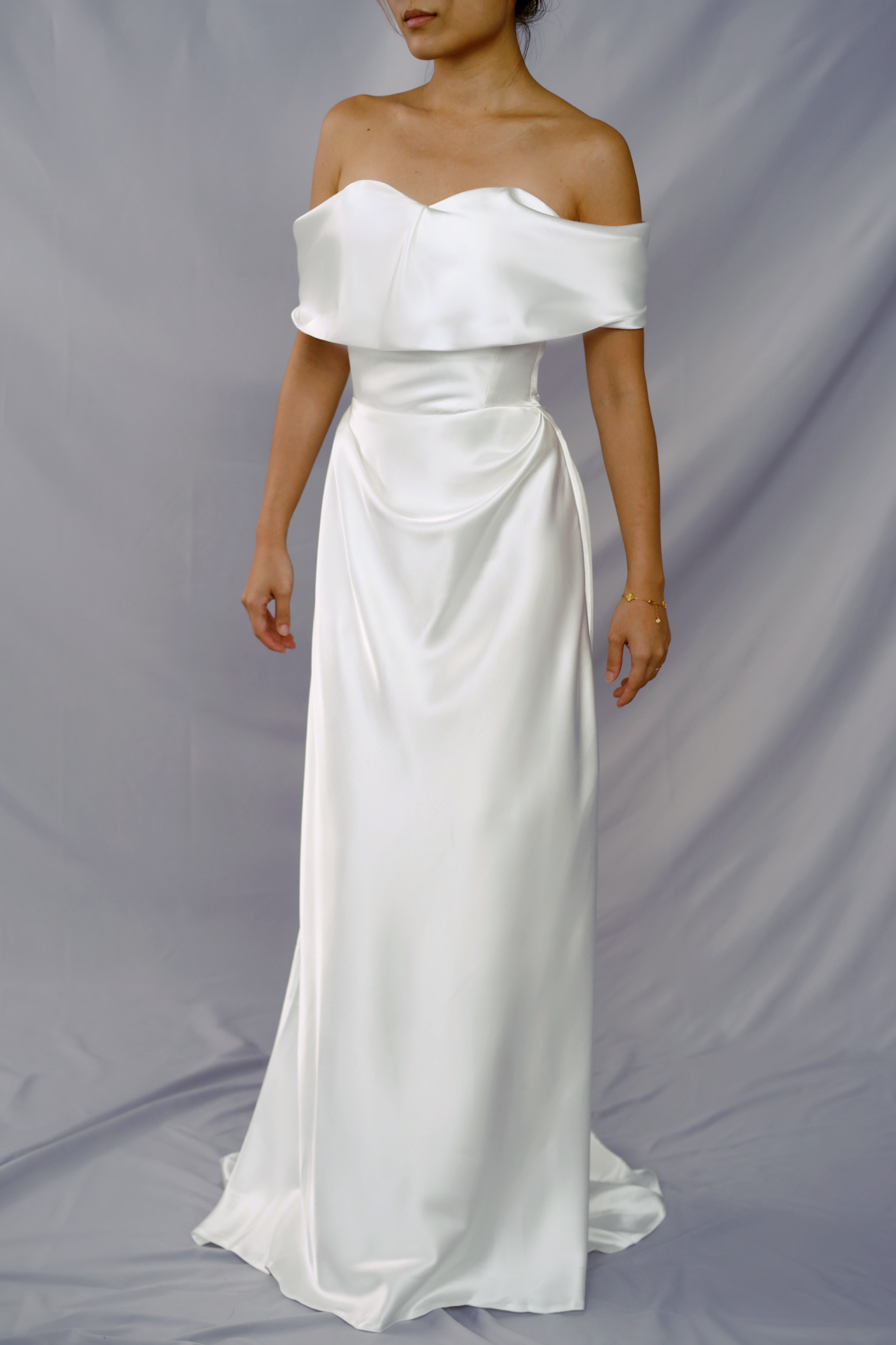 Faye Off-Shoulder Satin Minimal Wedding Dress | Bone & Grey