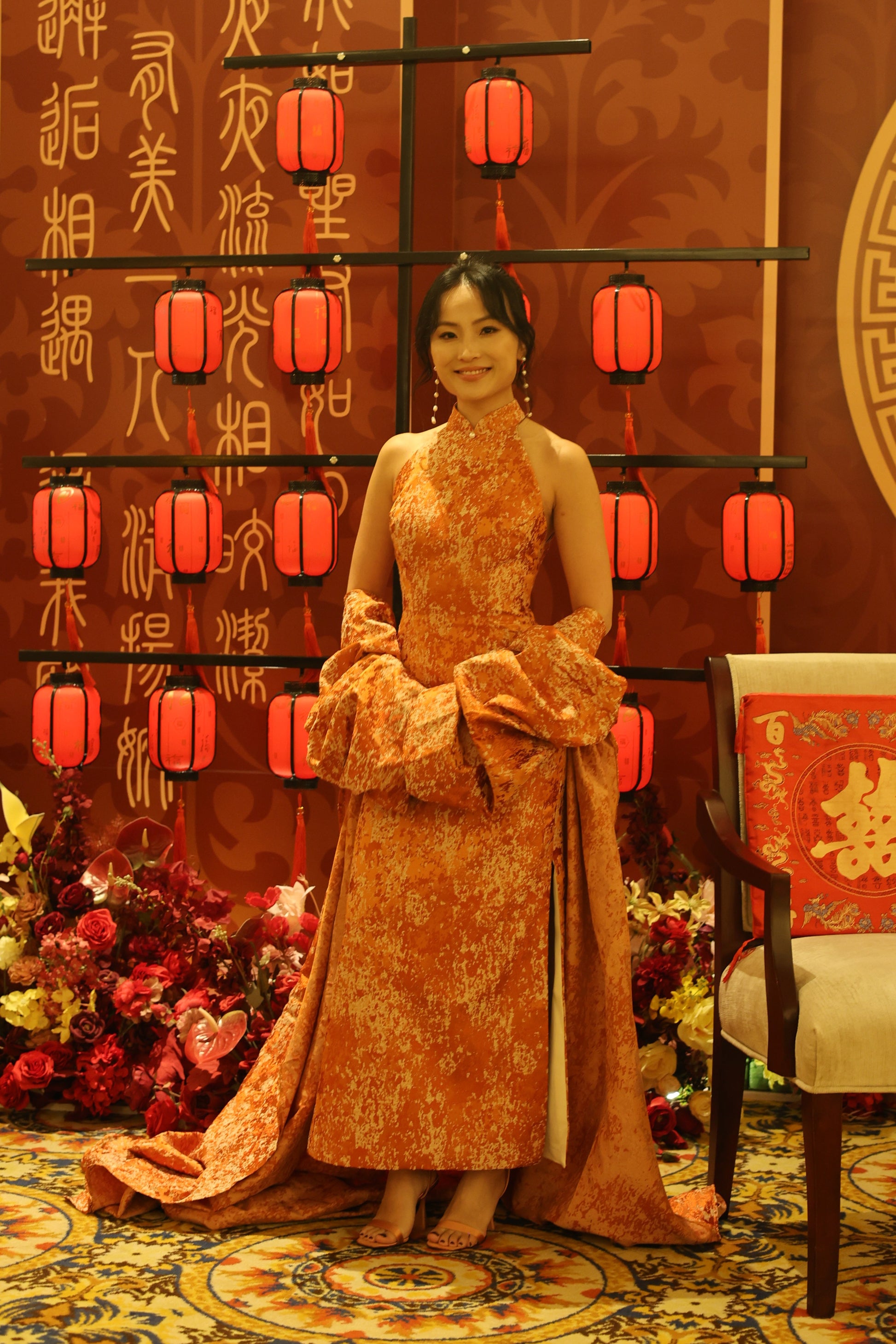 Vivian Mandarin Collar Modern Jacquard Qipao Cheongsam Dress with Cape | Bone and Grey Bridal | Affordable Simple Bridal Gowns Online Canada USA Singapore