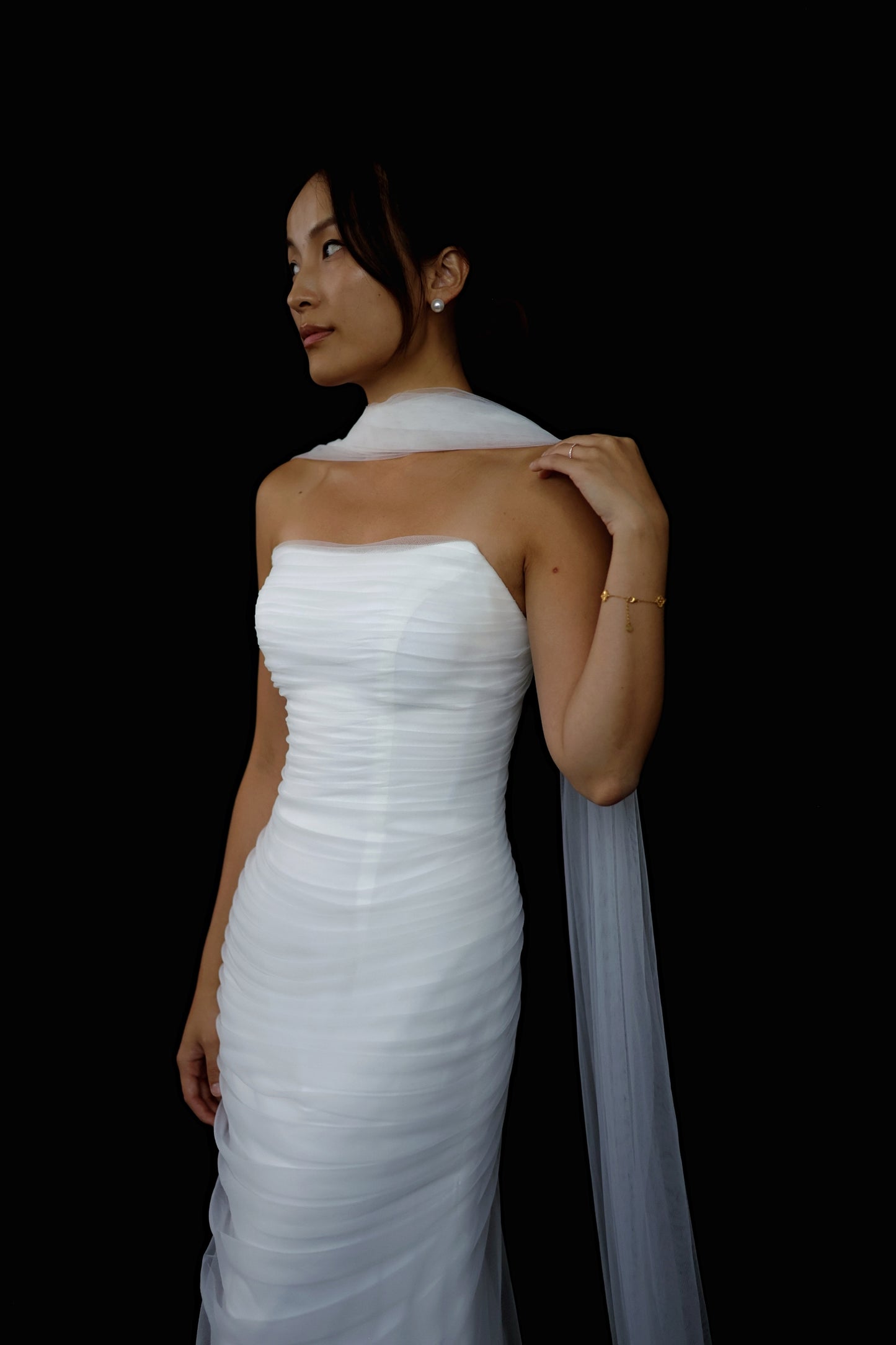 Isla 2.0 Strapless Soft Mesh Tulle Column Wedding Dress with Tulle Scarf | Bone and Grey Bridal | Affordable Minimal Bridal Gowns Online Canada USA Singapore