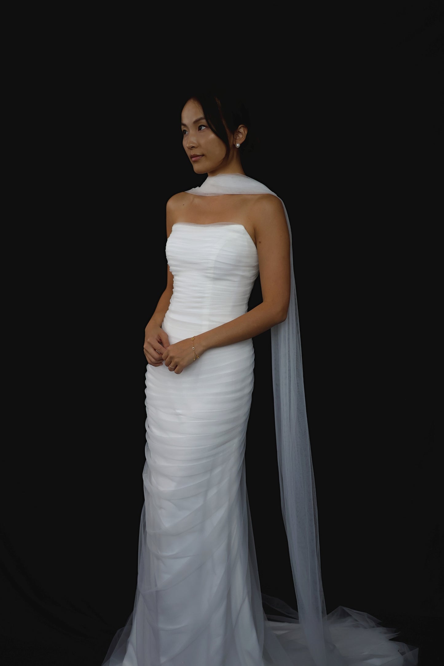 Isla 2.0 Strapless Soft Mesh Tulle Column Wedding Dress with Tulle Scarf | Bone and Grey Bridal | Affordable Minimal Bridal Gowns Online Canada USA Singapore