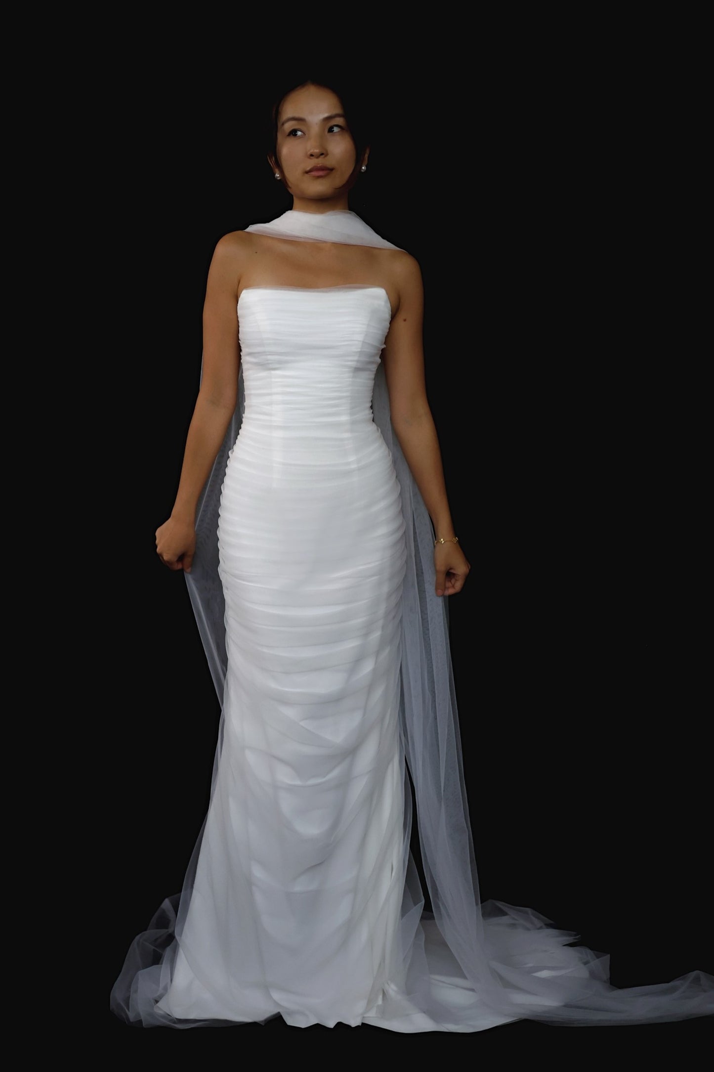 Isla 2.0 Strapless Soft Mesh Tulle Column Wedding Dress with Tulle Scarf | Bone and Grey Bridal | Affordable Minimal Bridal Gowns Online Canada USA Singapore