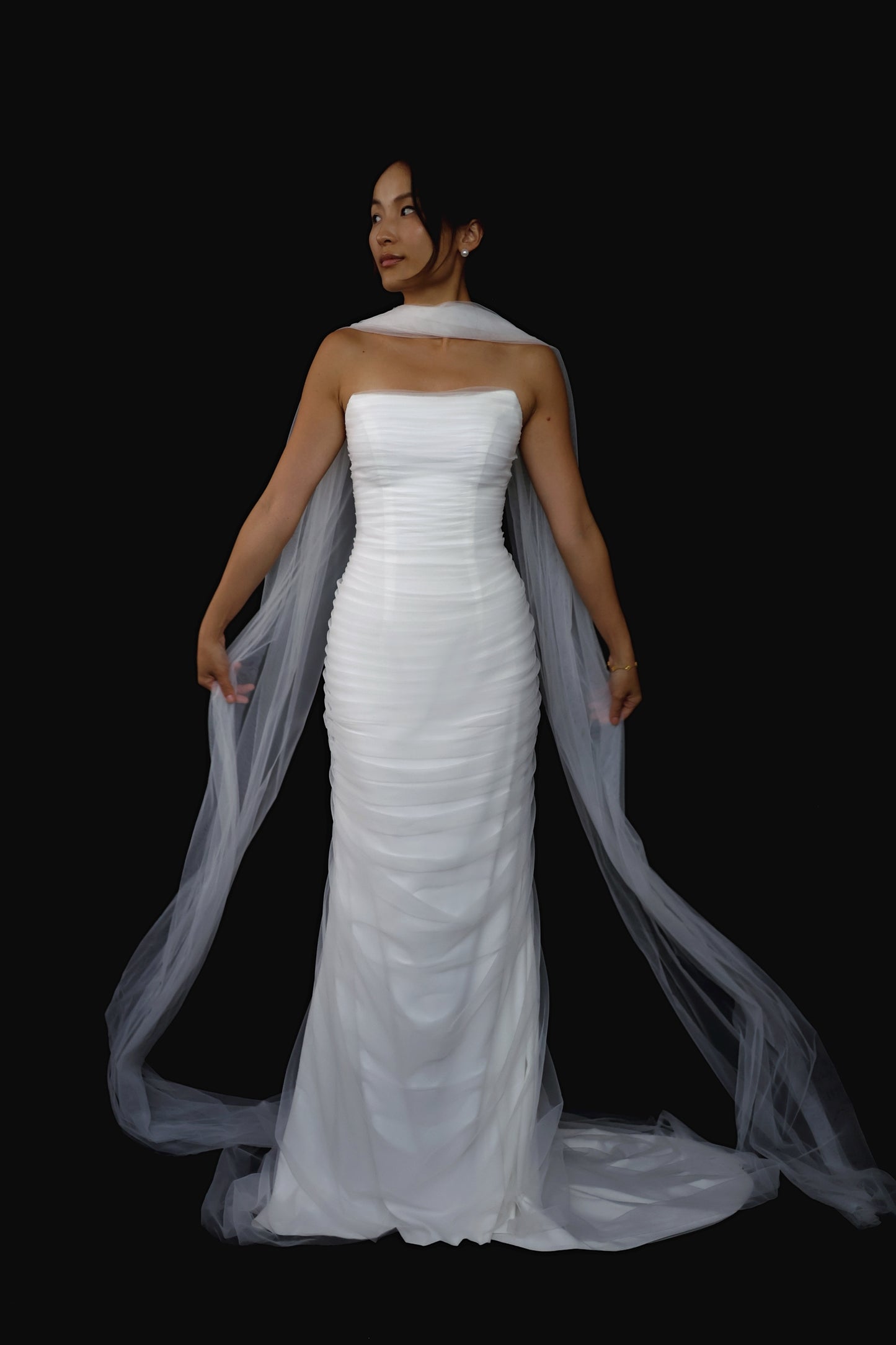 Isla 2.0 Strapless Soft Mesh Tulle Column Wedding Dress with Tulle Scarf | Bone and Grey Bridal | Affordable Minimal Bridal Gowns Online Canada USA Singapore