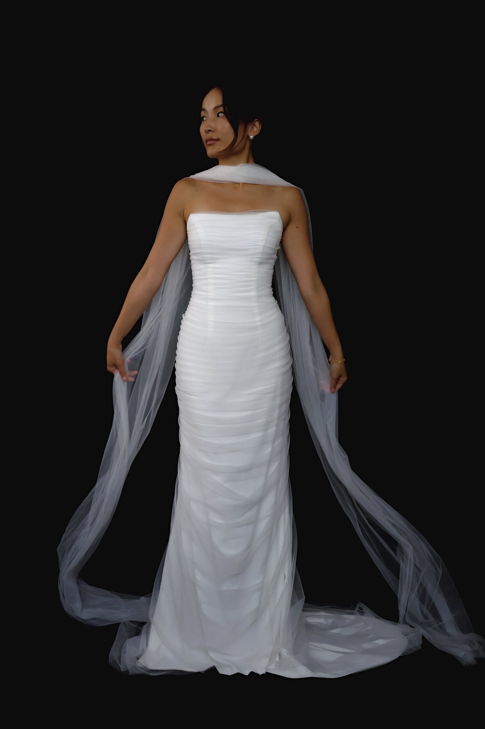 Isla 2.0 Strapless Soft Mesh Tulle Column Wedding Dress with Tulle Scarf | Bone and Grey Bridal | Affordable Minimal Bridal Gowns Online Canada USA Singapore