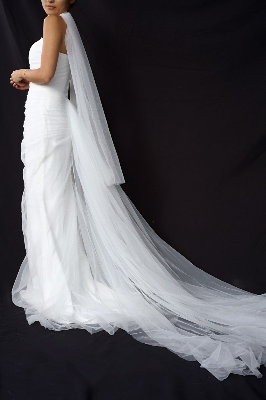 Isla Strapless Tulle Column Wedding Dress with Tulle Scarf | Bone and Grey Bridal | Affordable minimal wedding dresses online Canada Singapore USA