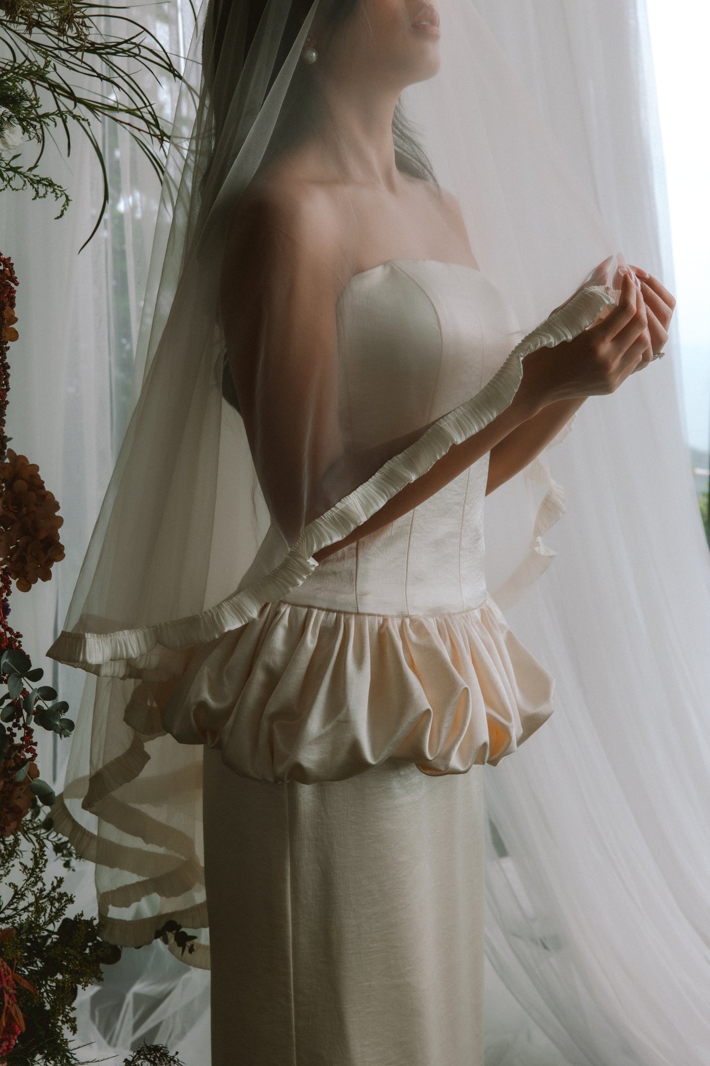 Ivy 2-Piece Strapless Corset & Pencil Skirt Bubble Hem Wedding Dress with Neck Scarf Civil Ceremony Set | Bone and Grey Bridal | Affordable Simple Bridal Gowns Online Canada USA Singapore