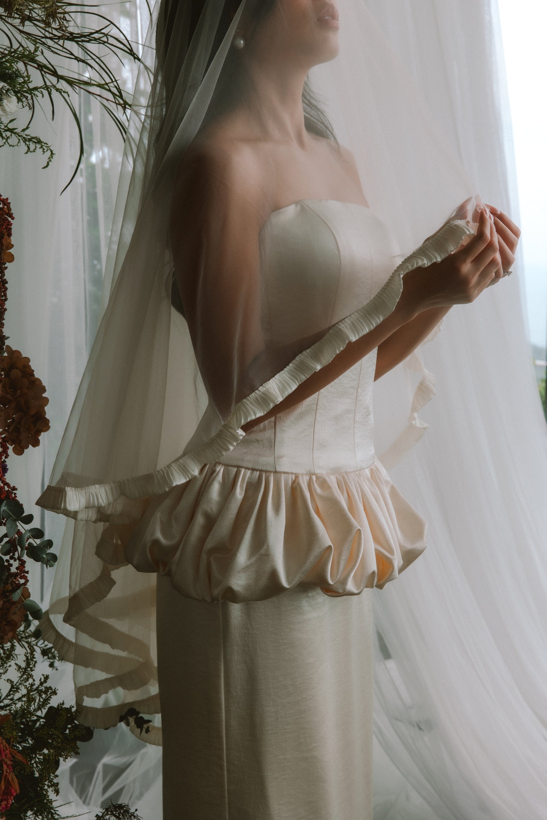 Ivy 2-Piece Strapless Corset & Pencil Skirt Bubble Hem Wedding Dress with Neck Scarf Civil Ceremony Set | Bone and Grey Bridal | Affordable Simple Bridal Gowns Online Canada USA Singapore