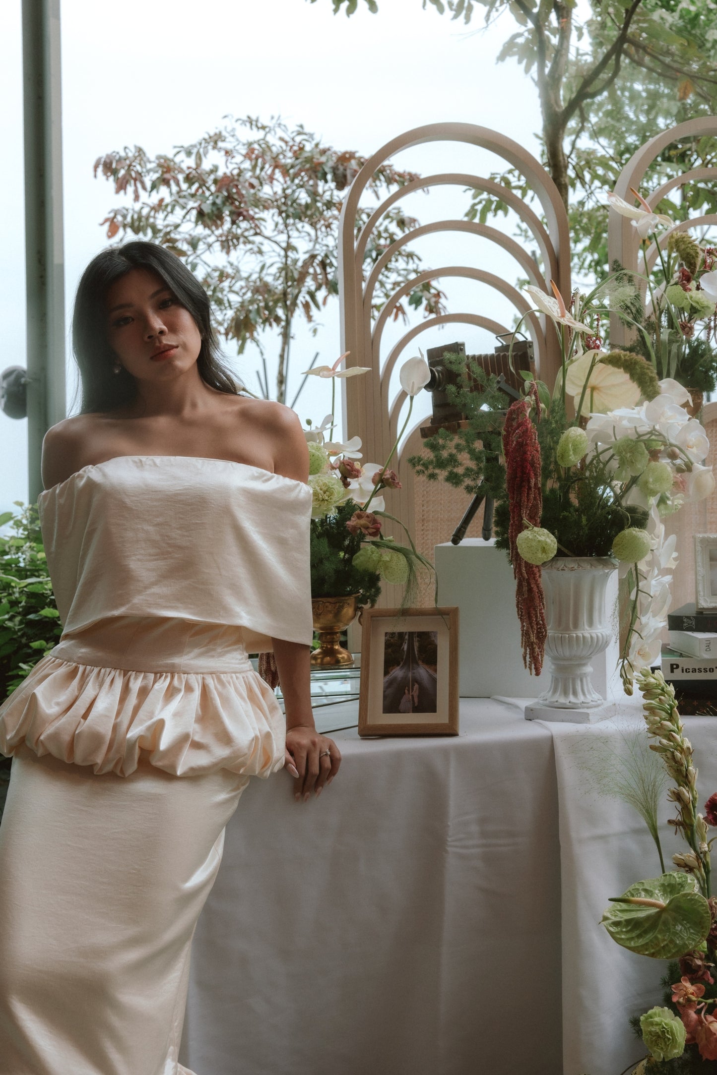 Ivy 2-Piece Strapless Corset & Pencil Skirt Bubble Hem Capelet Wedding Dress with Neck Scarf Civil Ceremony Set | Bone and Grey Bridal | Affordable Simple Bridal Gowns Online Canada USA Singapore