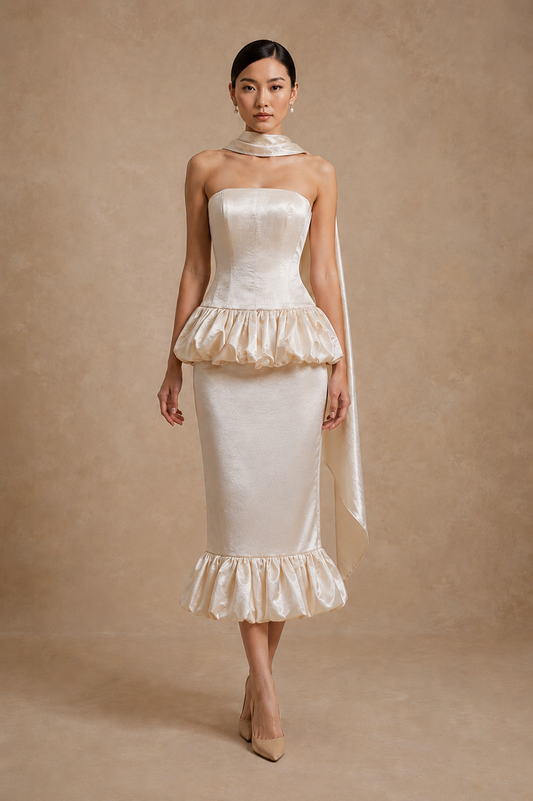 Ivy 2-Piece Strapless Corset & Pencil Skirt Bubble Hem Wedding Dress with Neck Scarf Civil Ceremony Set | Bone and Grey Bridal | Affordable Simple Bridal Gowns Online Canada USA Singapore
