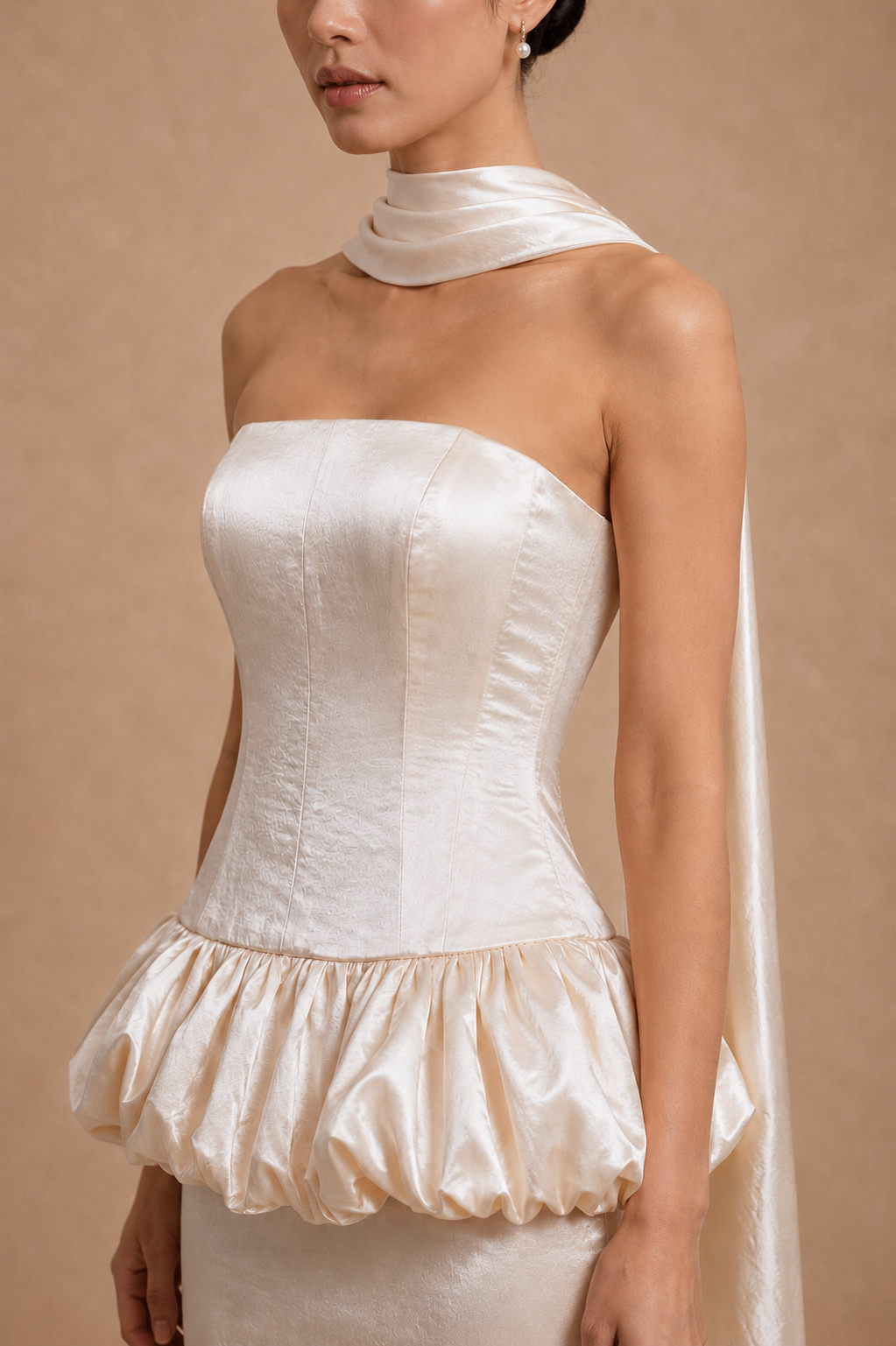 Ivy 2-Piece Strapless Corset & Pencil Skirt Bubble Hem Wedding Dress with Neck Scarf Civil Ceremony Set | Bone and Grey Bridal | Affordable Simple Bridal Gowns Online Canada USA Singapore