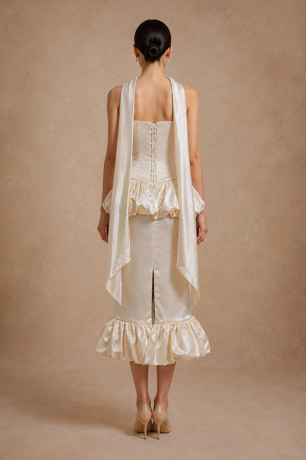 Ivy 2-Piece Strapless Corset & Pencil Skirt Bubble Hem Wedding Dress with Neck Scarf Civil Ceremony Set | Bone and Grey Bridal | Affordable Simple Bridal Gowns Online Canada USA Singapore