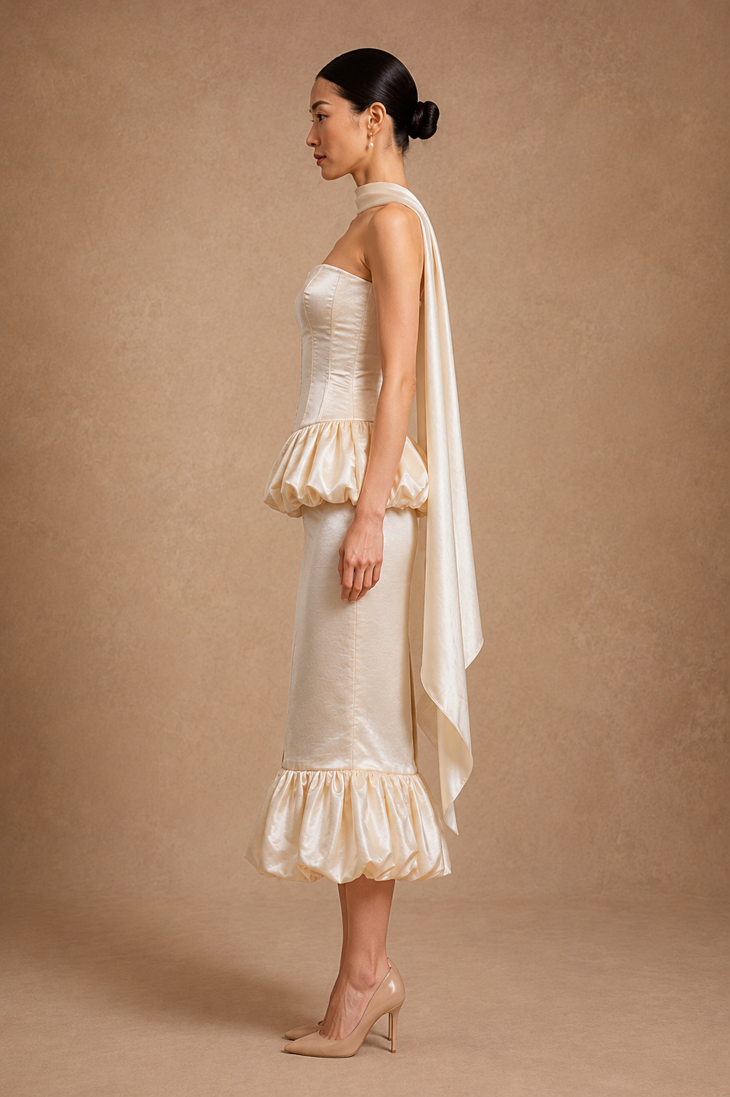 Ivy 2-Piece Strapless Corset & Pencil Skirt Bubble Hem Wedding Dress with Neck Scarf Civil Ceremony Set | Bone and Grey Bridal | Affordable Simple Bridal Gowns Online Canada USA Singapore