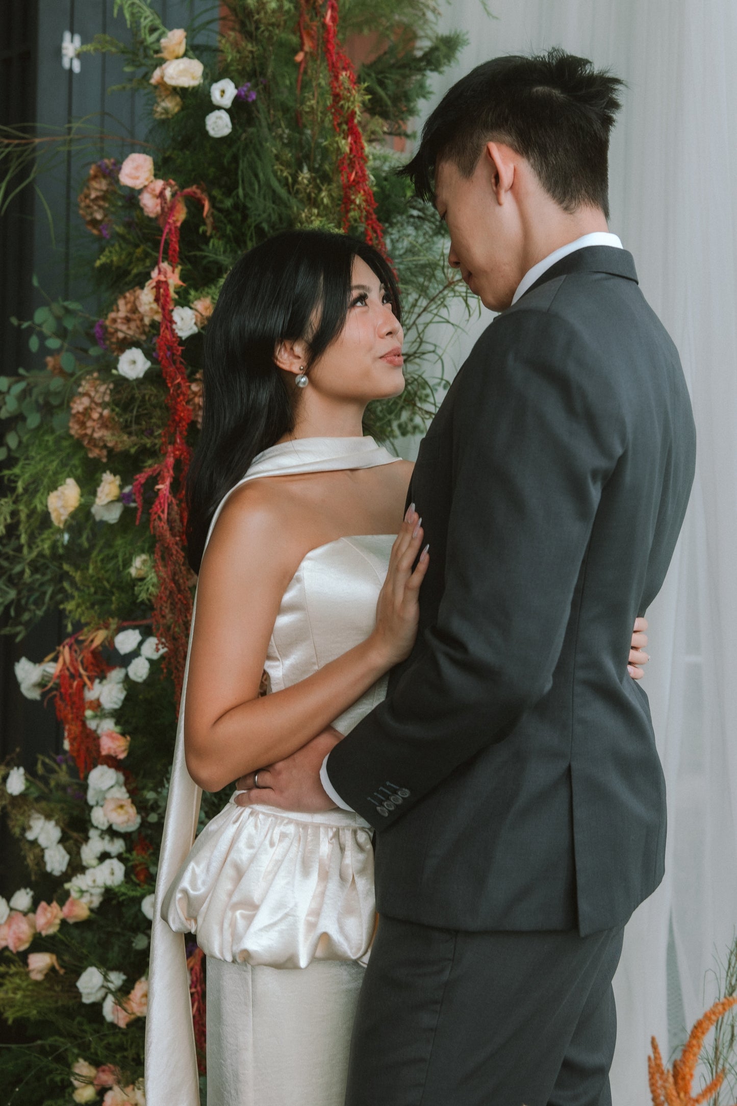 Ivy 2-Piece Strapless Corset & Pencil Skirt Bubble Hem Wedding Dress with Neck Scarf Civil Ceremony Set | Bone and Grey Bridal | Affordable Simple Bridal Gowns Online Canada USA Singapore