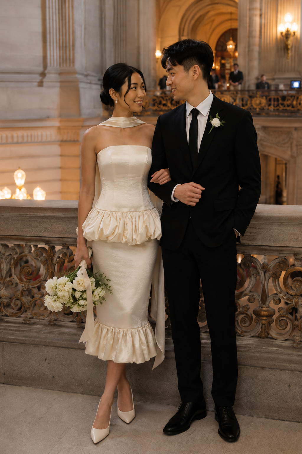 Ivy 2-Piece Strapless Corset & Pencil Skirt Bubble Hem Wedding Dress with Neck Scarf Civil Ceremony Set | Bone and Grey Bridal | Affordable Simple Bridal Gowns Online Canada USA Singapore