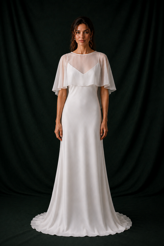 Karly Liquid Luxe Satin Wedding Gown & Chiffon Cape Set | Bone and Grey Bridal | Affordable Simple Bridal Gowns Online Canada USA Singapore